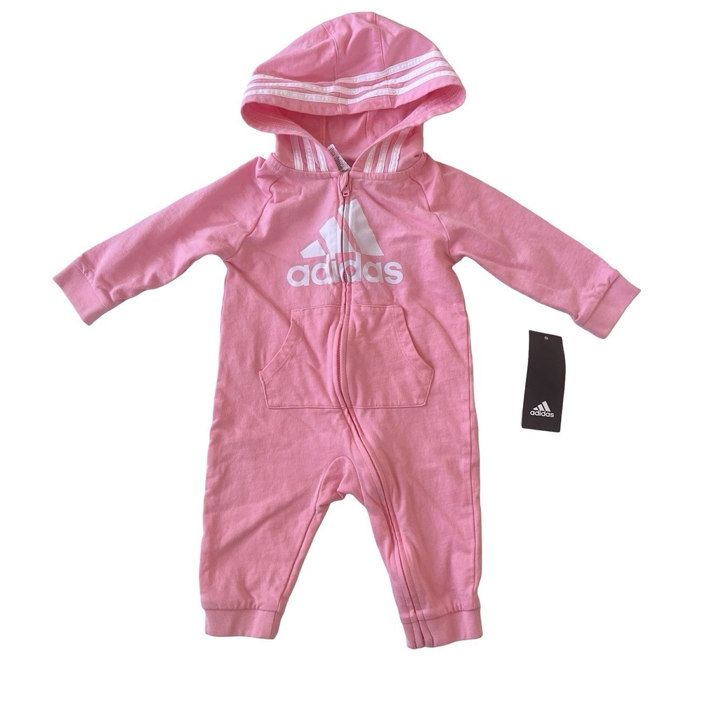 NWOT Adidas Baby Size 9M One Piece Bodysuit Pink Stripe Logo Zip Up 100% Cotton